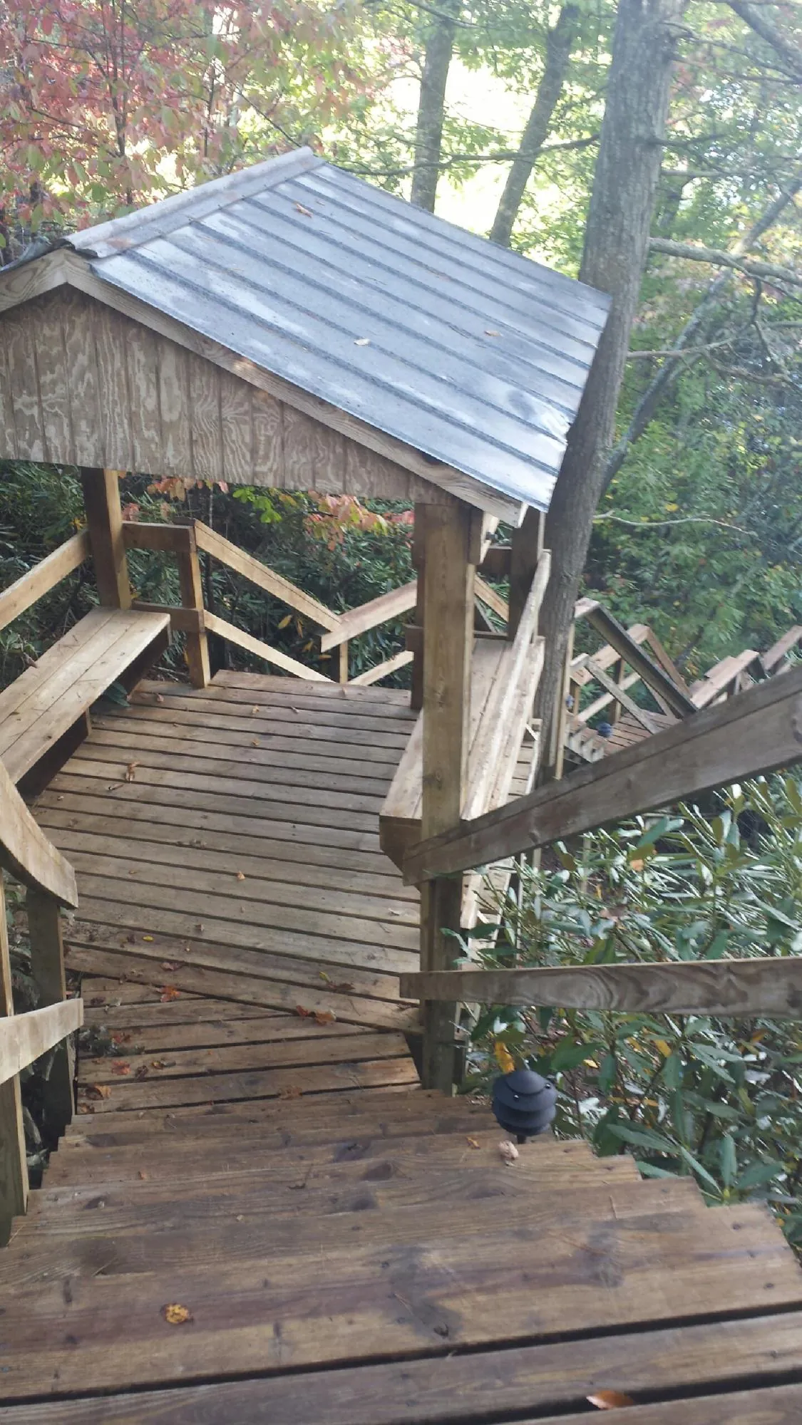 Metal roofed shelter over wooden steps on a wooded walkway — Skylight Repair & Installation work by our crew in Waverly
